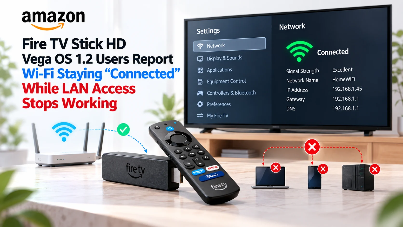 Fire TV Stick HD Vega OS 1.2 Users Report Wi-Fi Staying “Connected” While LAN Access Stops Working