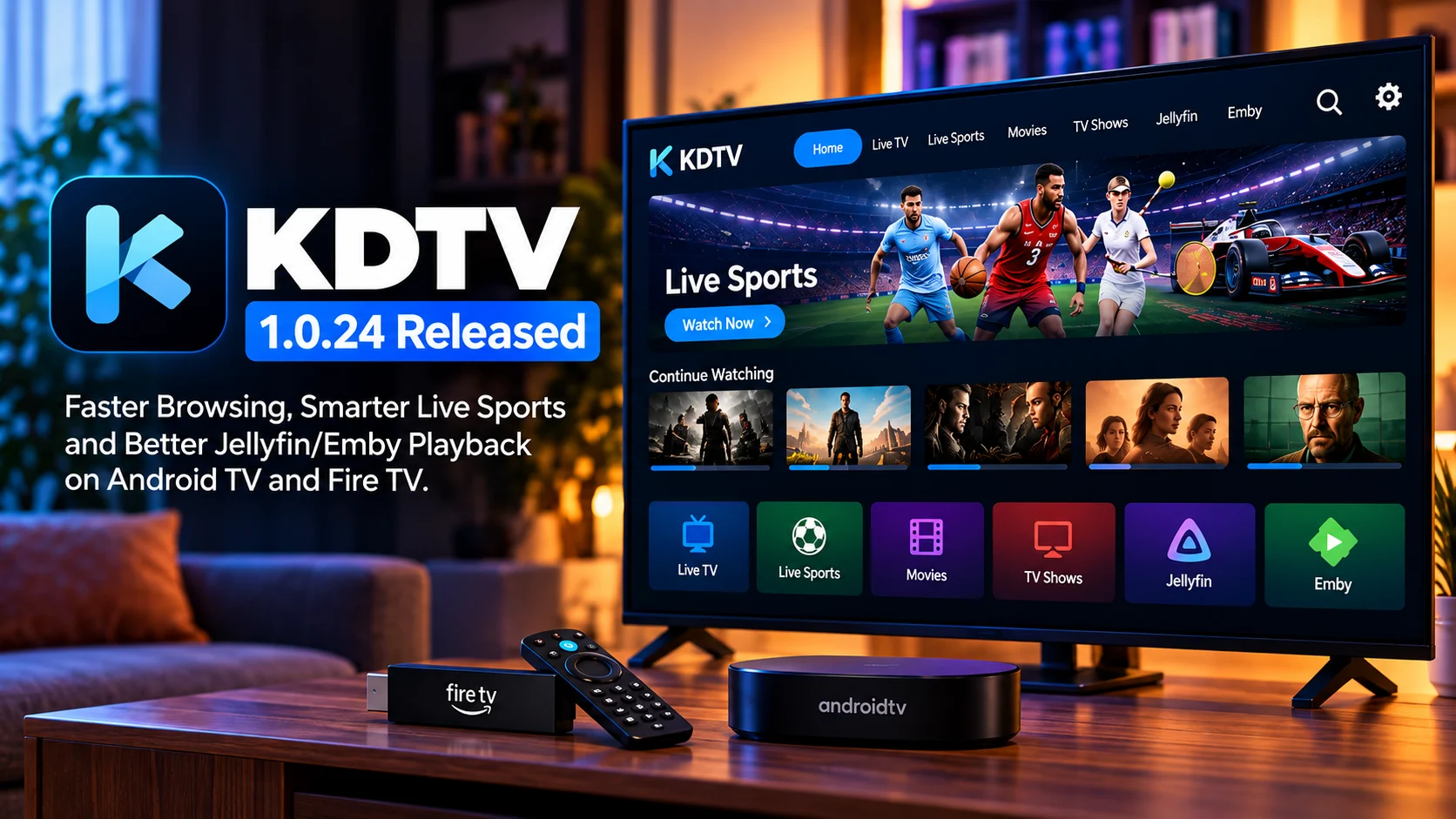 KDTV 1.0.24 Adds Faster Browsing, Live Sports Controls and Better Jellyfin/Emby Playback