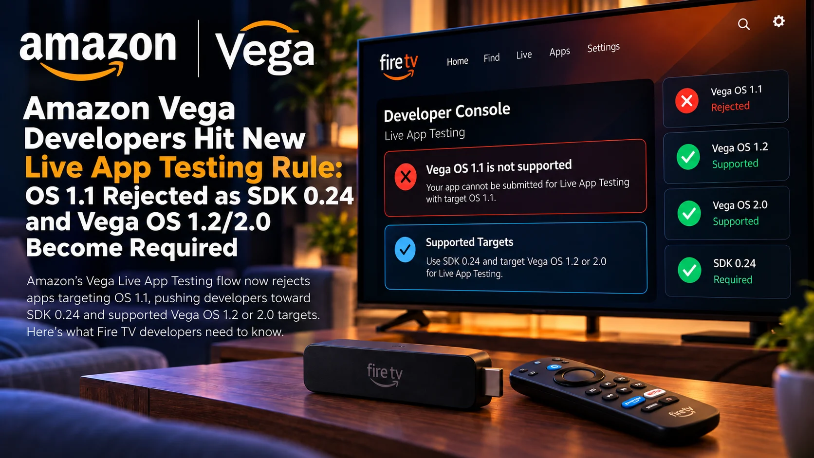 Amazon Vega Live App Testing Rejects OS 1.1 as SDK 0.24 and Vega OS 1.2/2.0 Become Required