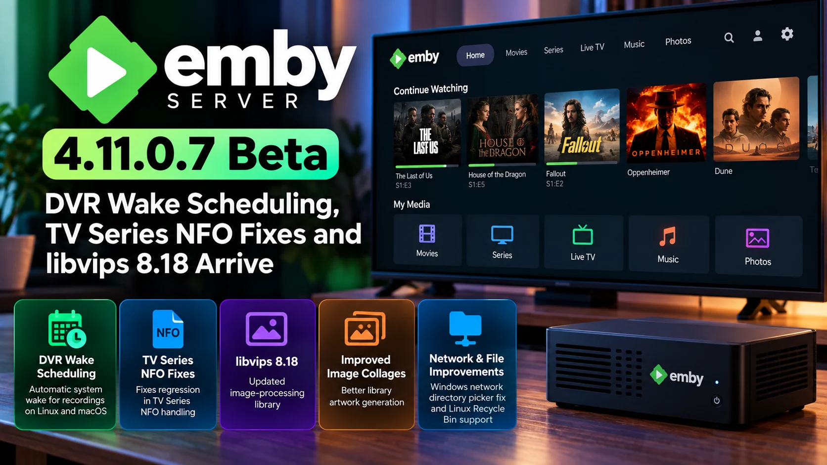 Emby Server 4.11.0.7 Beta Adds DVR Wake Scheduling, NFO Fixes and libvips 8.18