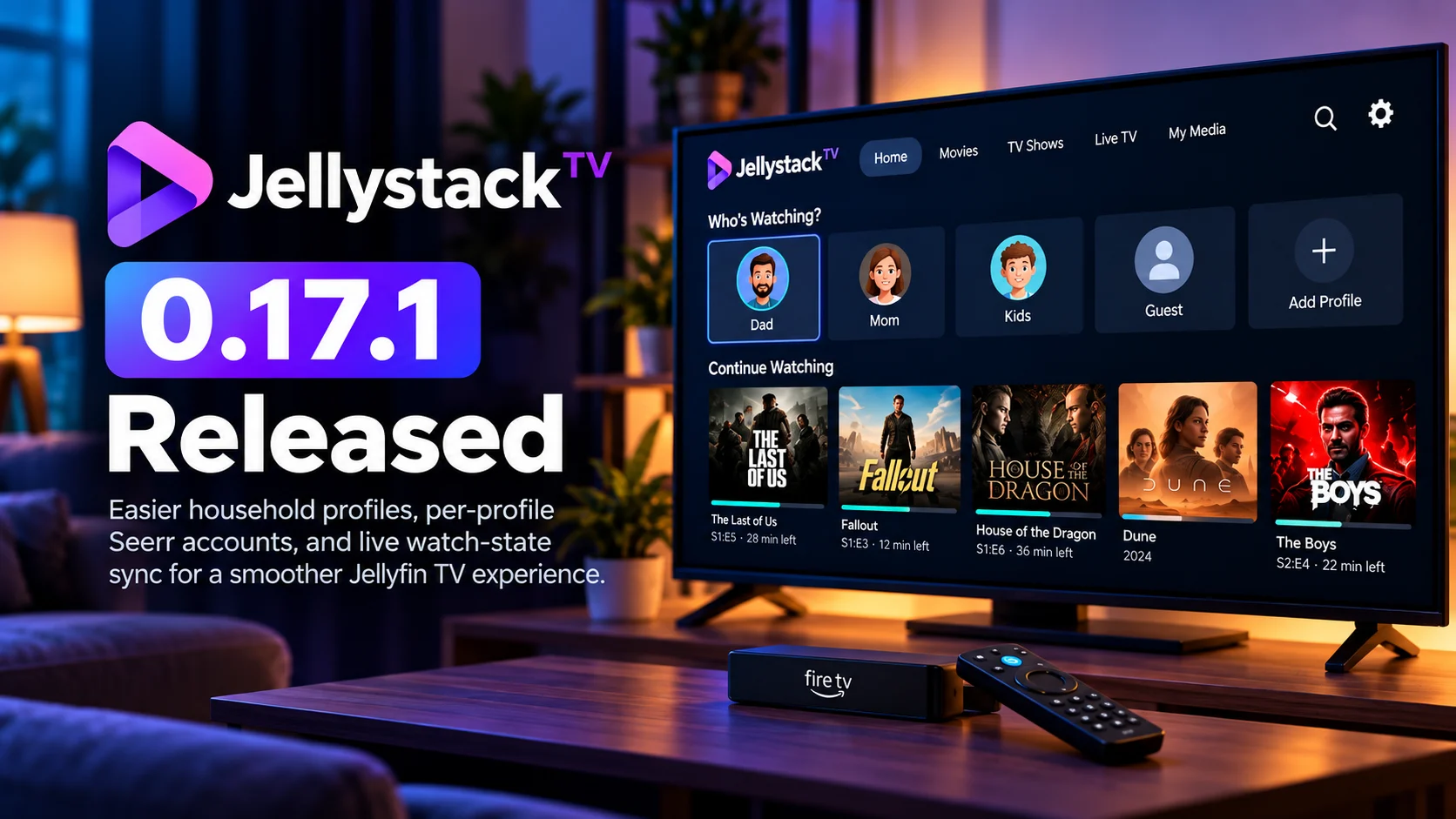 Jellystack TV 0.17.1 Adds Easier Profiles, Seerr Accounts and Live Watch-State Sync