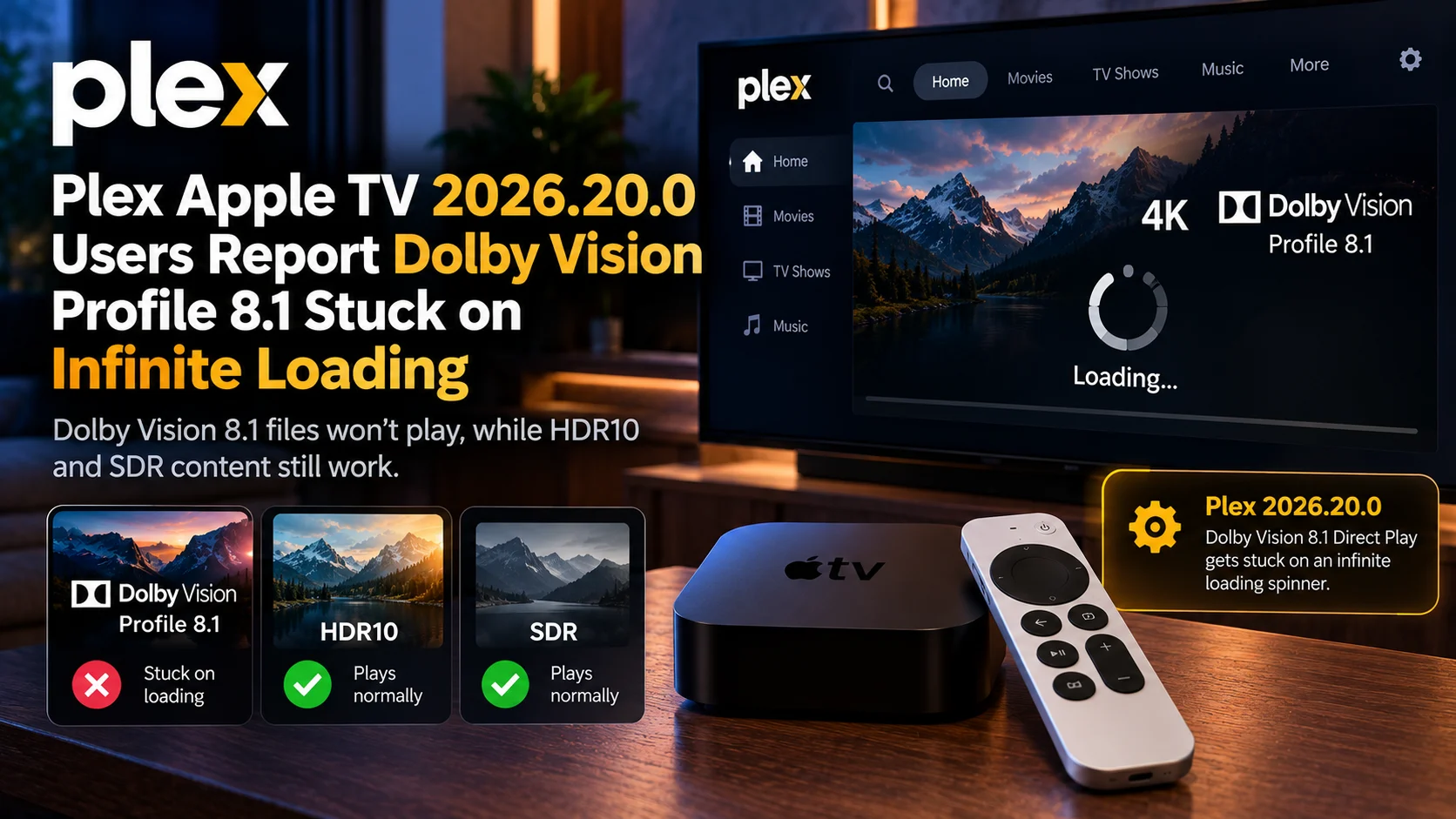 Plex Apple TV 2026.20.0 Users Report Dolby Vision Profile 8.1 Stuck on Infinite Loading