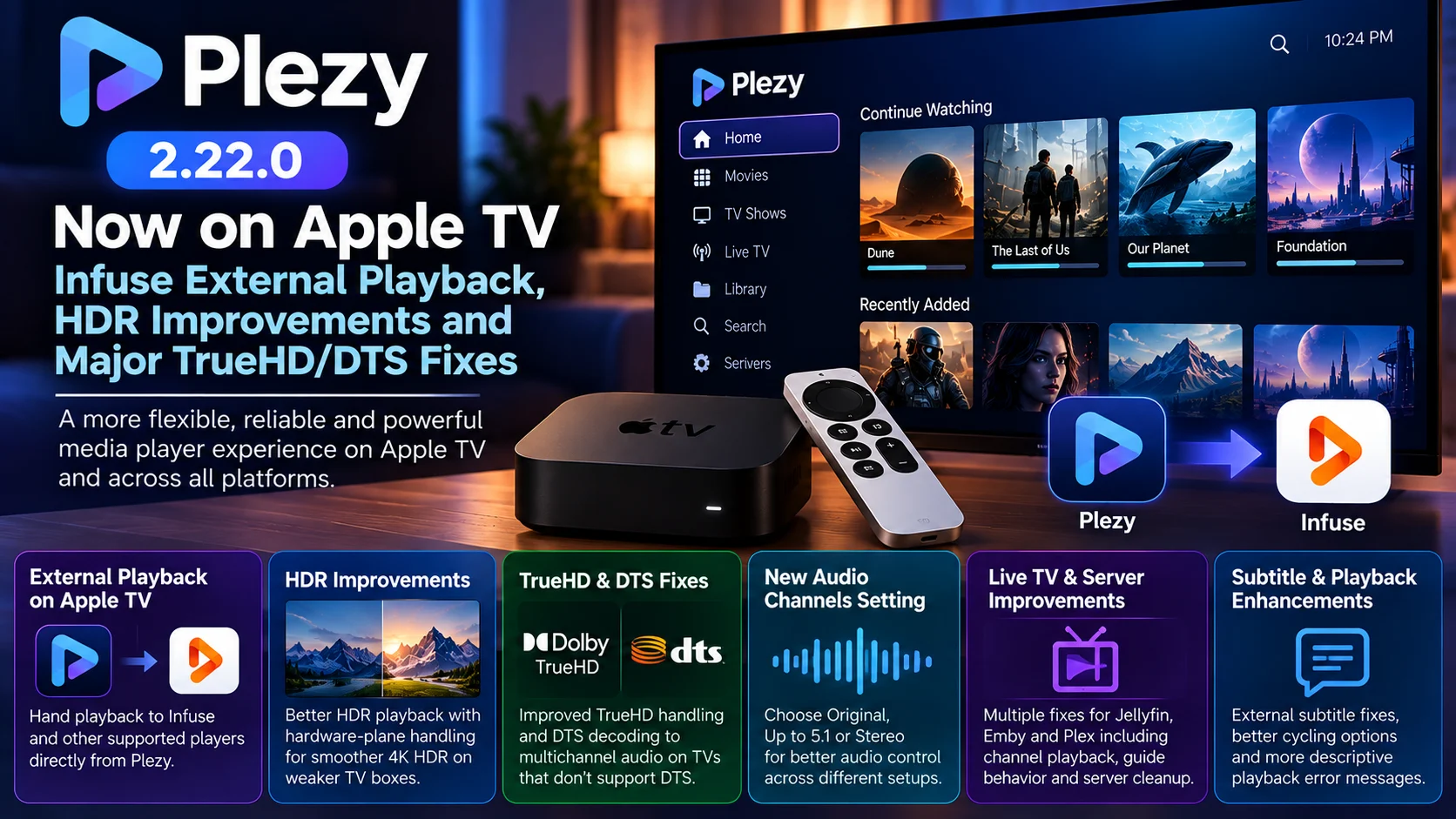 Plezy 2.22.0 Adds Infuse Playback on Apple TV, HDR and TrueHD/DTS Fixes