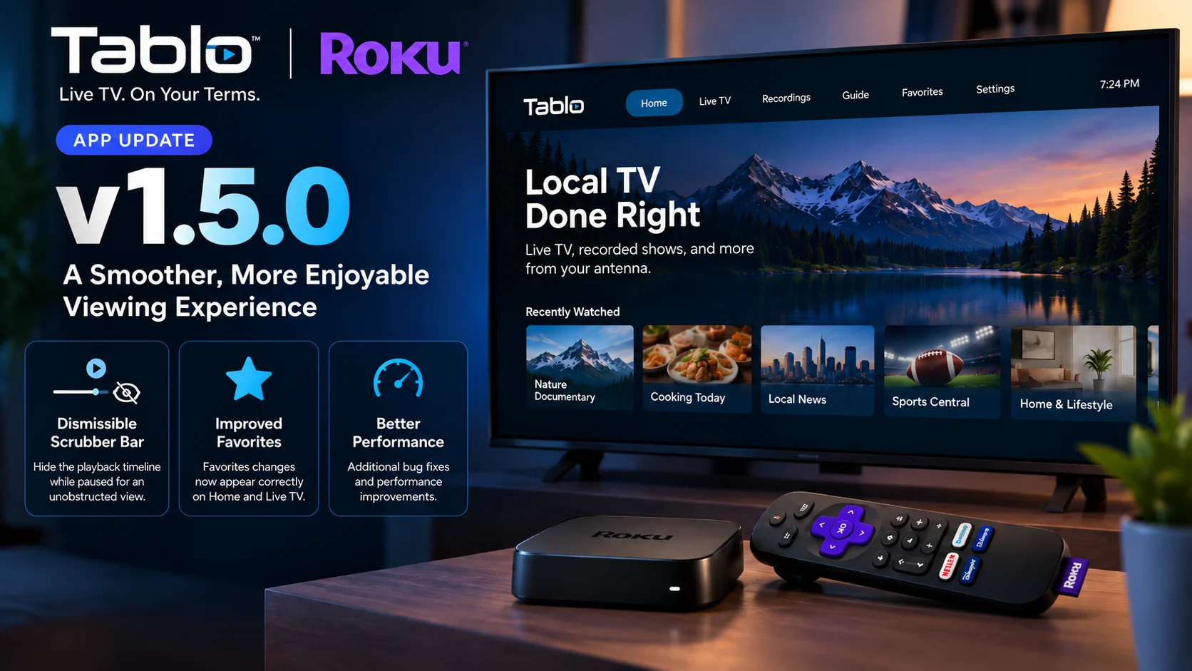 Tablo Roku App 1.5.0 Update: Better Favorites and Improved Playback Controls
